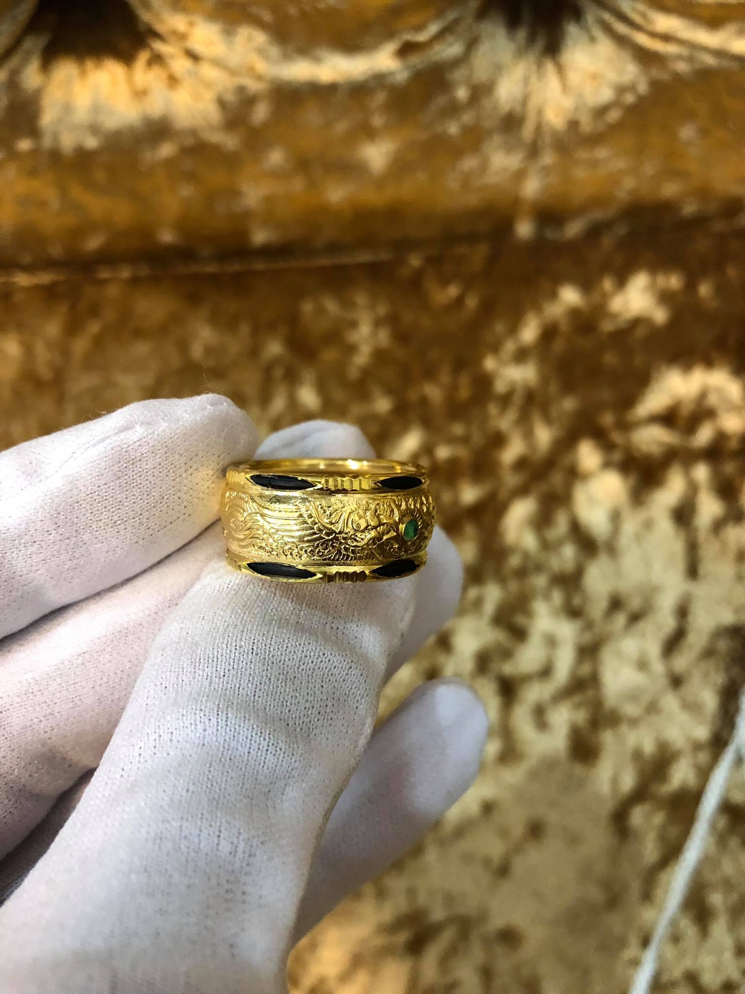 Nhẫn lông voi Rồng Rồng dập mỏng vàng phong thủy Riogems