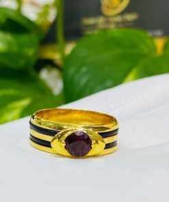 Nhẫn thỏi vàng mặt đá Garnet luồng 2 sợi lông voi thiết kế đặc sắc