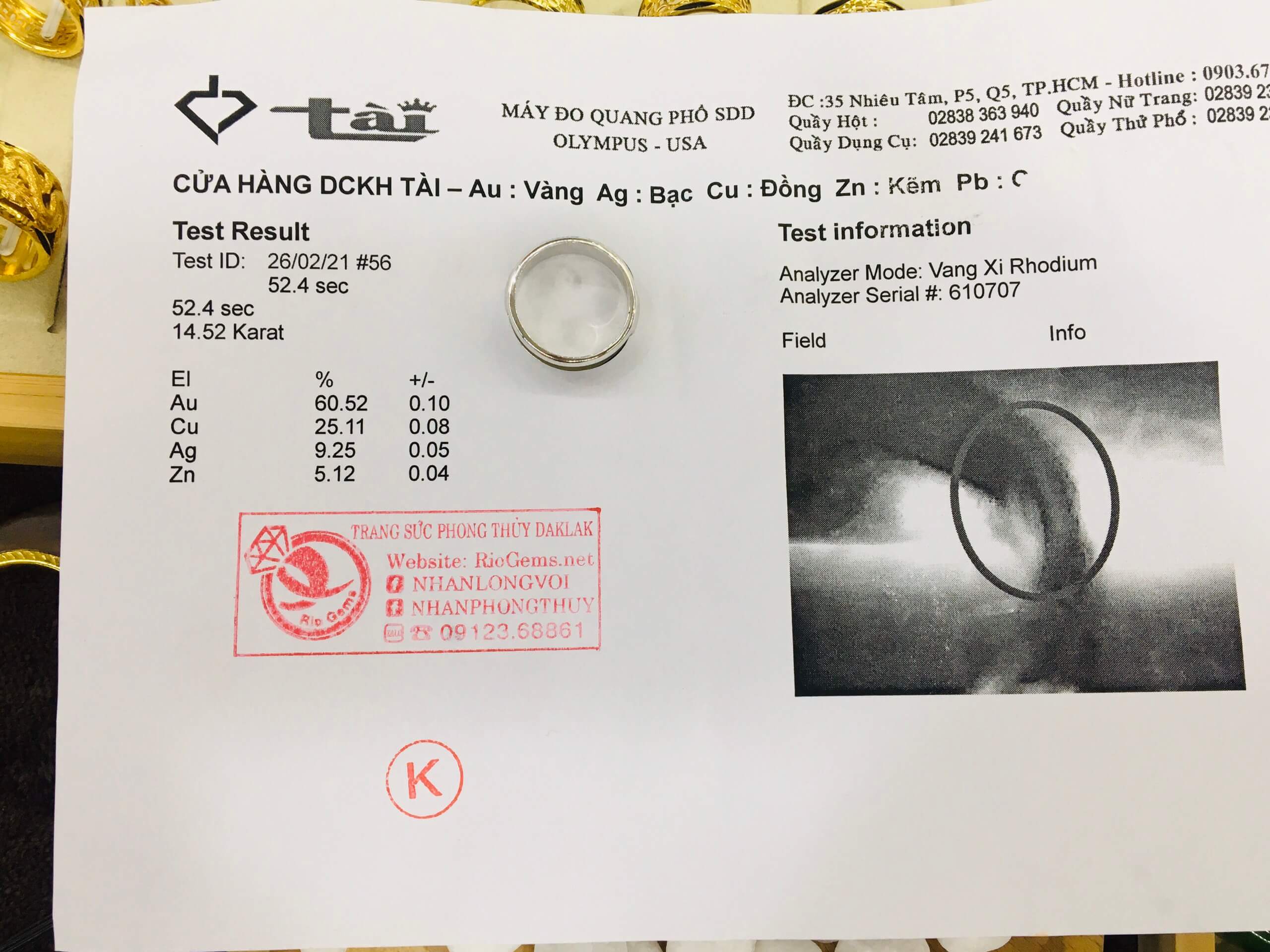 Nhẫn vàng Trắng luồng lông voi trắng – đen Thái Lan có giấy chứng nhận