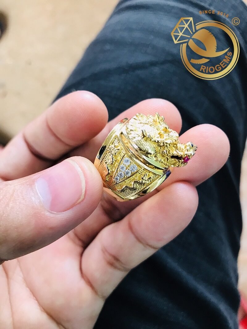 Nhẫn Đầu Rồng Mini vàng 18K đính đá Cz tấm (HÀNG LÀM TAY 100%) gia công tinh xảo