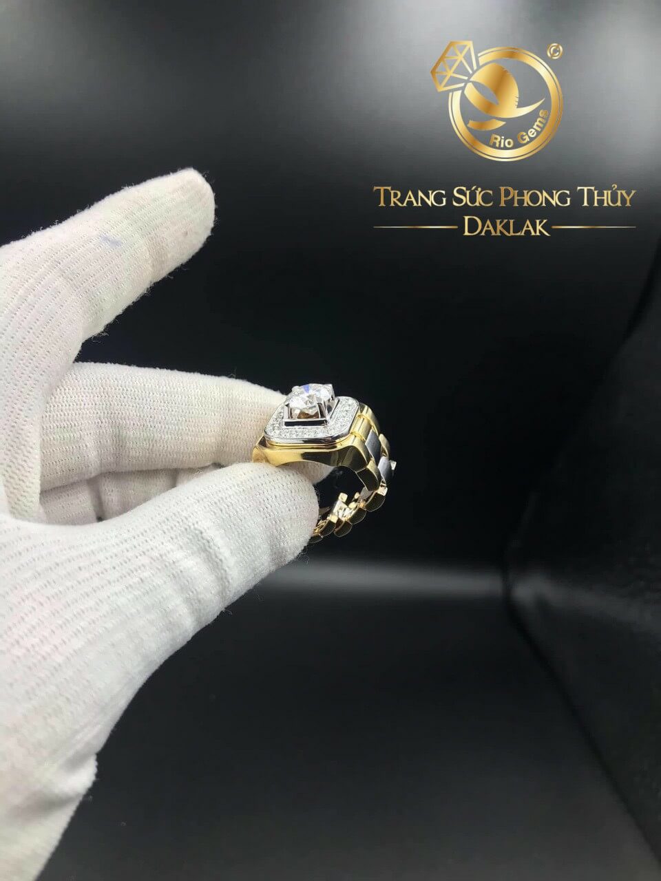 Nhẫn đồng hồ nam vàng đính Kim Cương tấm Tự nhiên Nước D - VVS1 đẹp