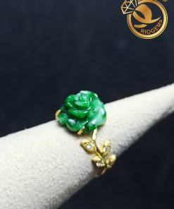 Nhẫn hoa Mẫu Đơn ngọc Jadeite Sơn Thủy bọc Vàng 10K Riogems