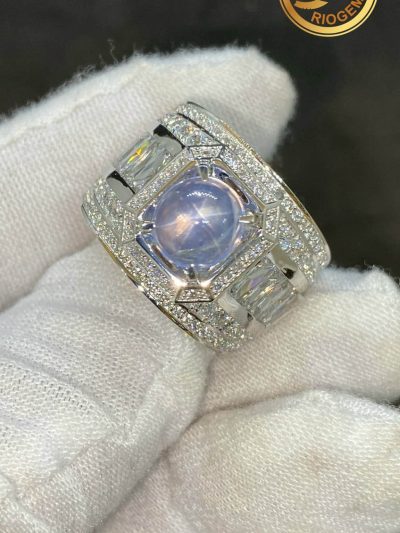 Nhẫn nam VÀNG TRẮNG 10K đính đá SAPPHIRE sao trắng trong veo RioGems